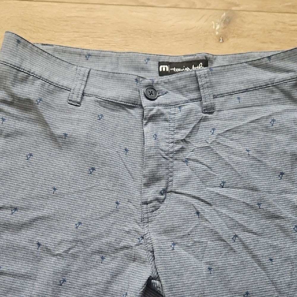 Travis Mathew  Blue Striped Shorts With Palm Tree Detail